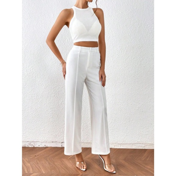 two piece set: crop top & Straight Leg Pants white - Picture 4 of 5